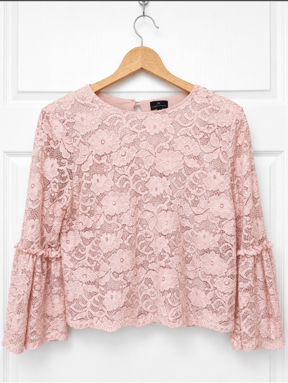 Worthington Blush Pink Floral Lace Bell Sleeve Blouse Romantic Boho Large